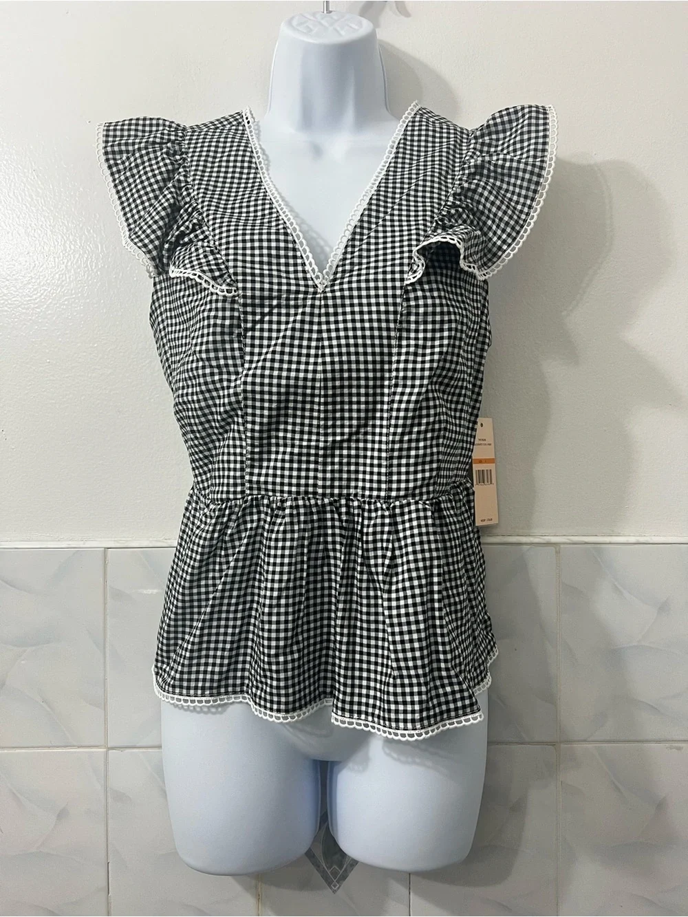 Nanette Lepore S Gingham Ruffle Tencel Peplum Blouse Retro 50s 60s Cottagecore